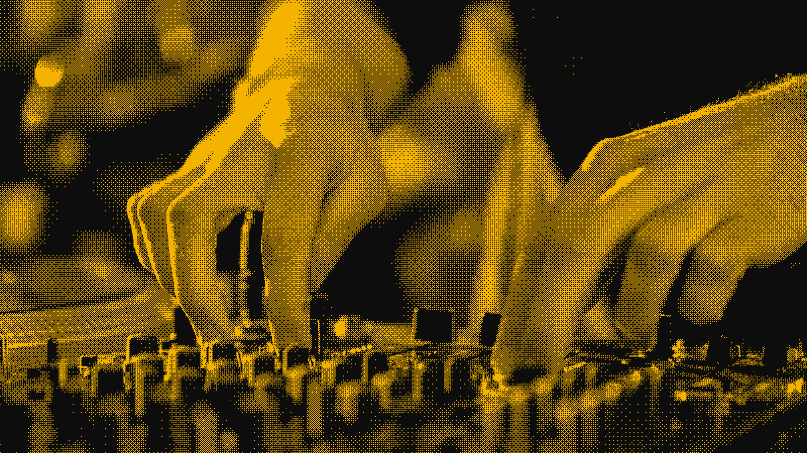 Dithered duotone photo of hands adjusting knobs on a DJ mixer under pink light