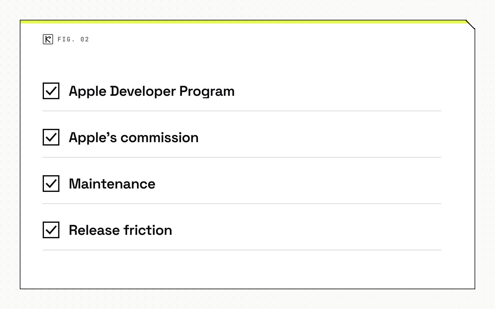 Checklist diagram with four items: Apple Developer Program, Apple's commission, Maintenance and Release friction