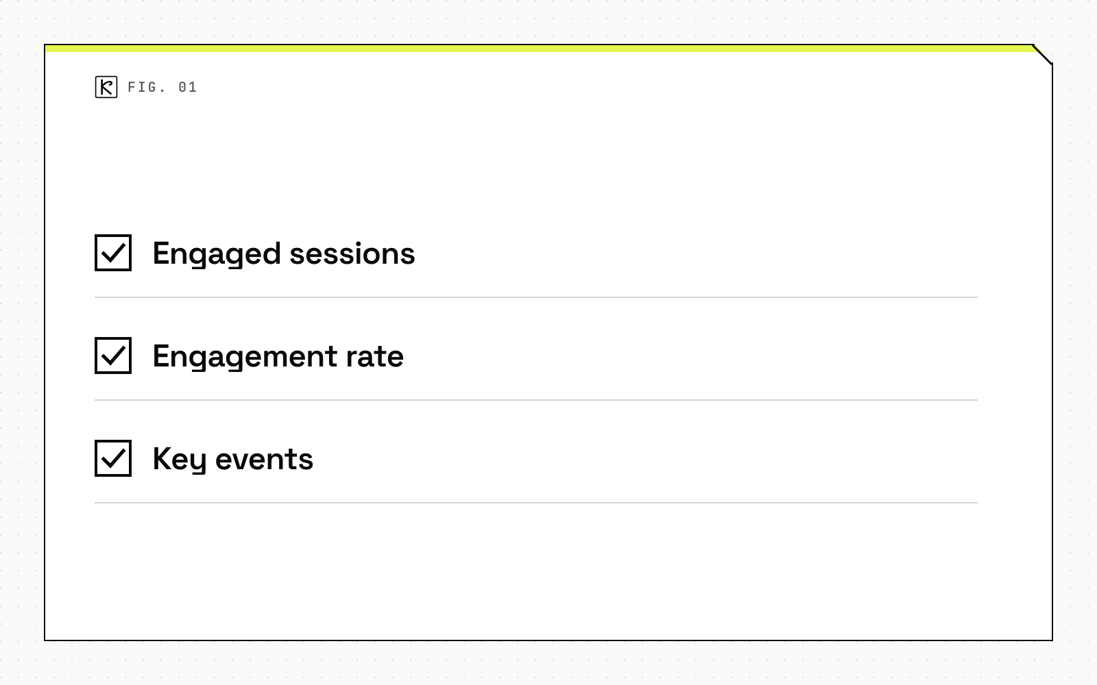 Checklist diagram with three items: Engaged sessions, Engagement rate and Key events