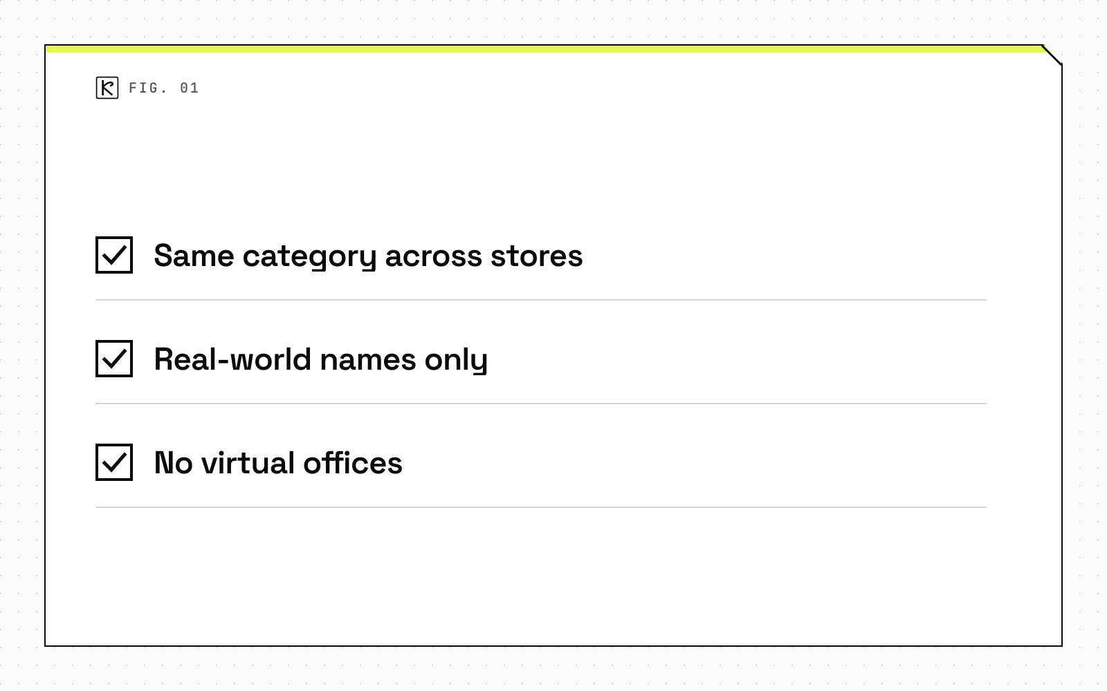Checklist diagram with three items: Same category across stores, Real-world names only and No virtual offices