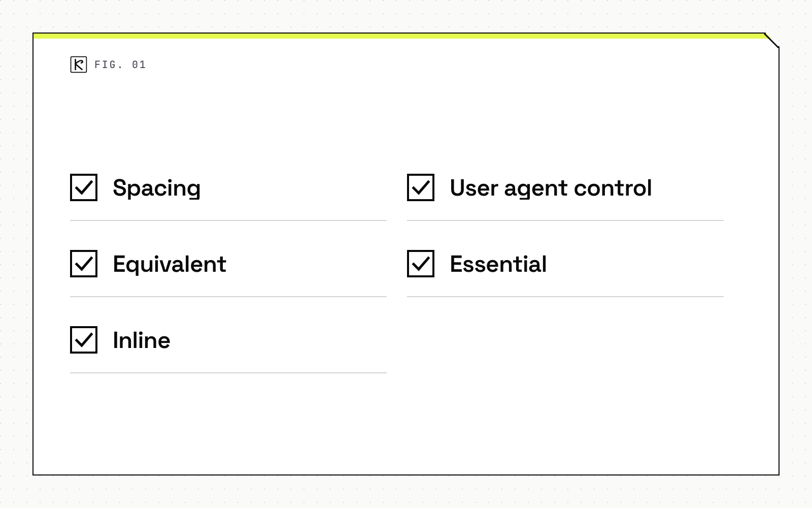 Checklist diagram with five items: Spacing, Equivalent, Inline, User agent control and Essential