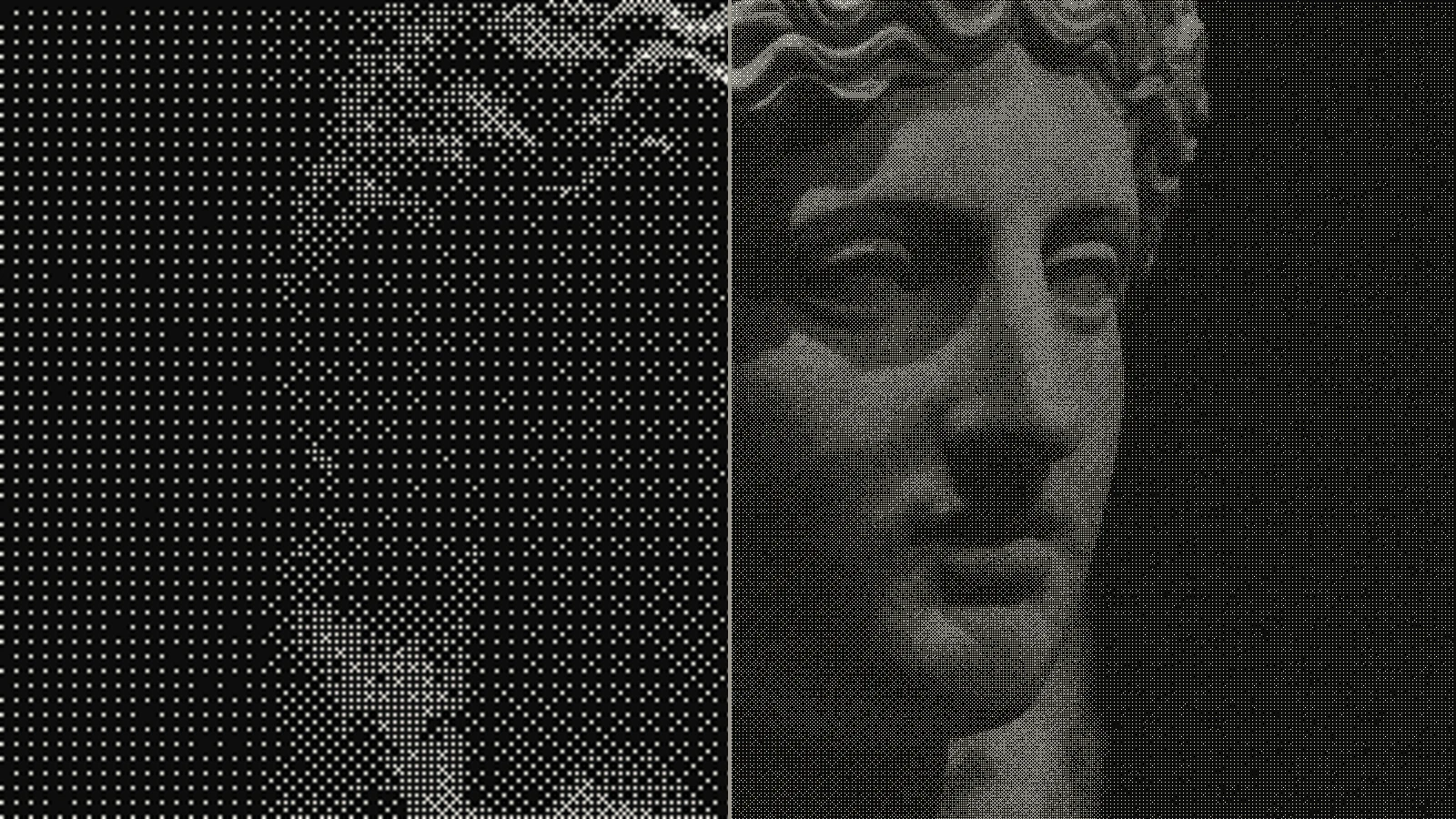 Greek statue photograph in Bayer ordered dithering: the left half dithered small and upscaled into grey mud, the right half dithered at full size with crisp dots