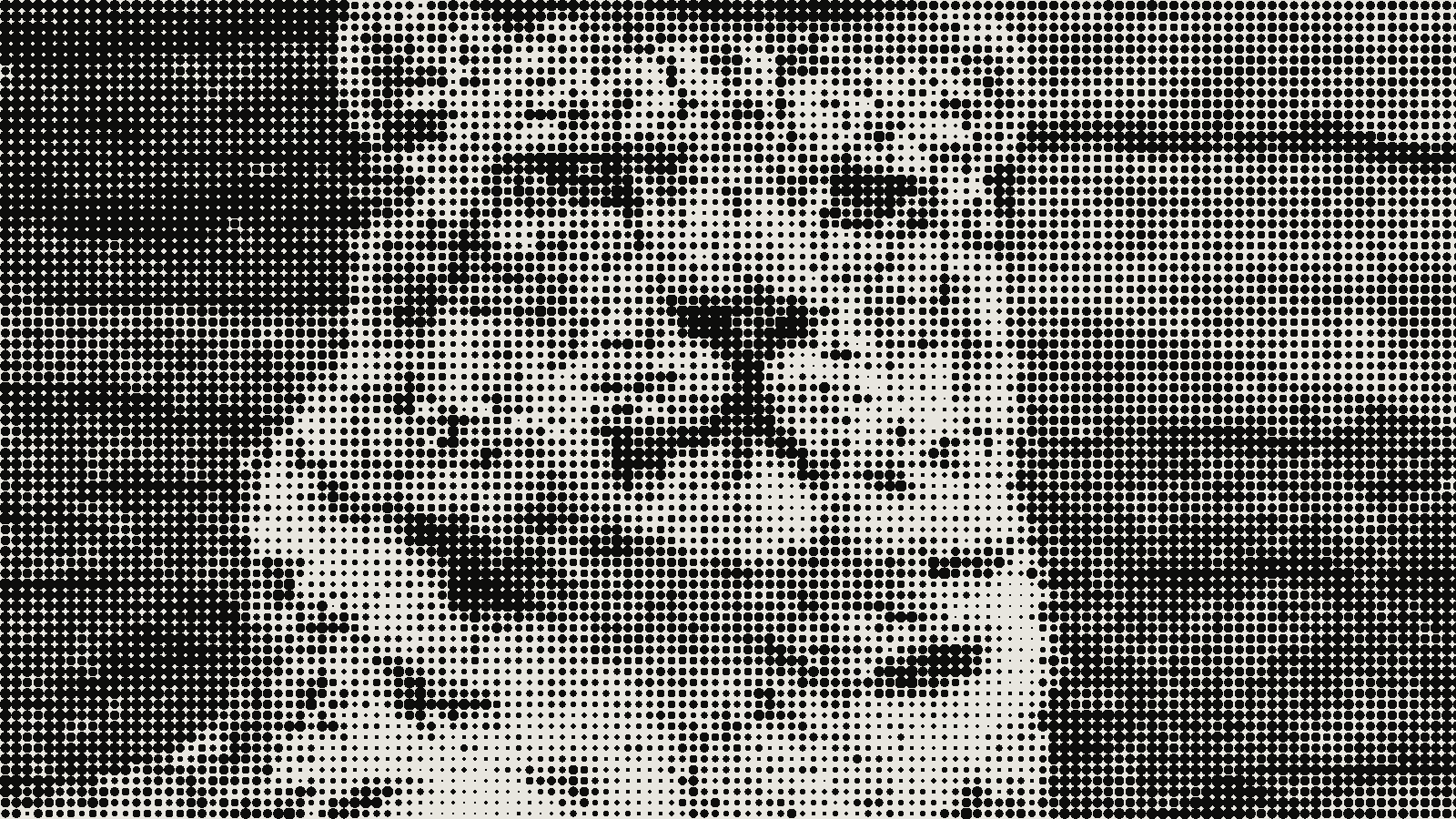 Snow leopard photograph rendered as coarse halftone dots with 12px cells at a 45 degree screen angle