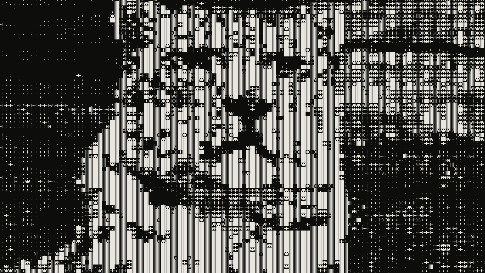 Snow leopard photograph rendered in ASCII at cell 14px, contrast 2.2