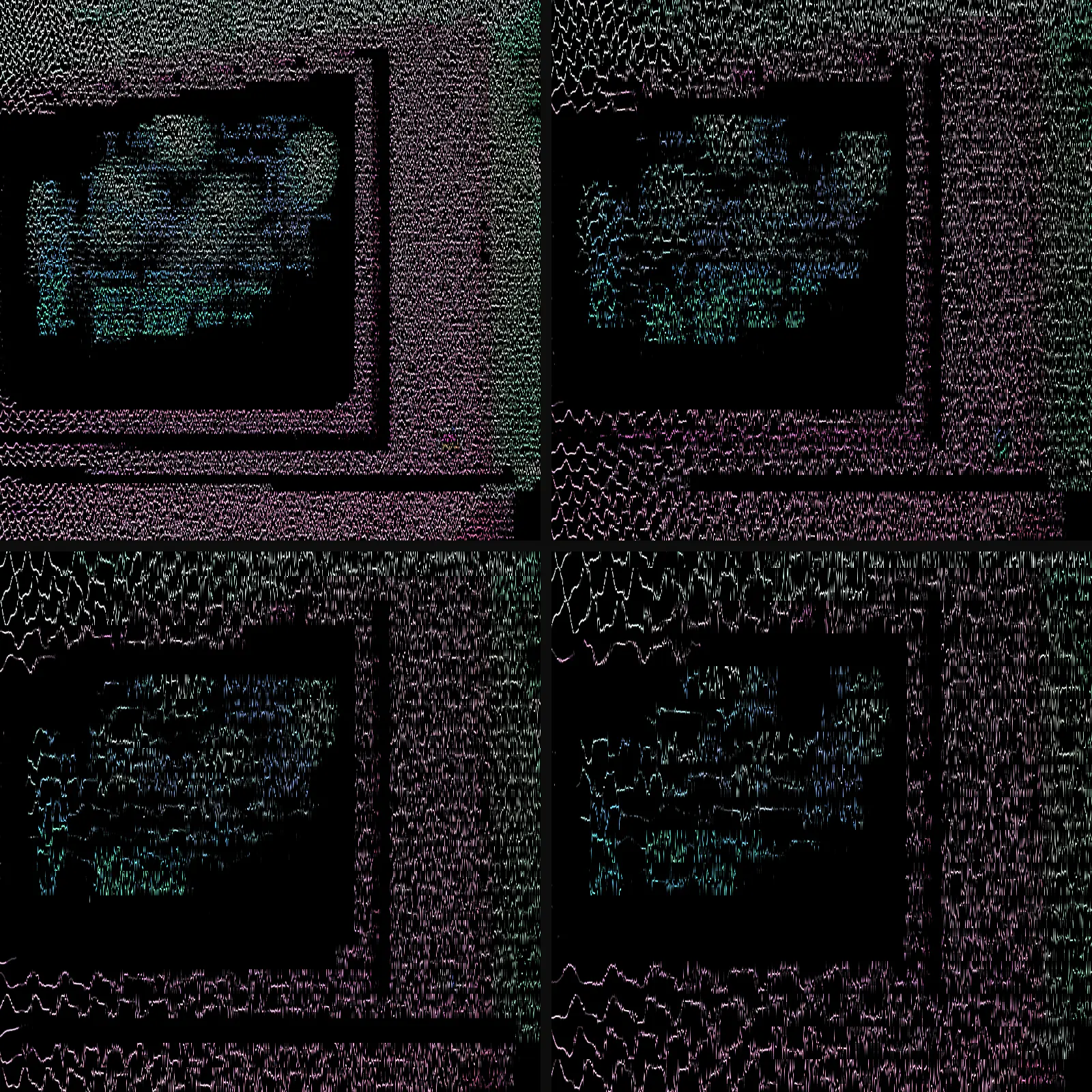 Grid of 4 crops of the same crt computer photograph in CRT modulation, pixel stepping 3px, 6px, 9px, 12px
