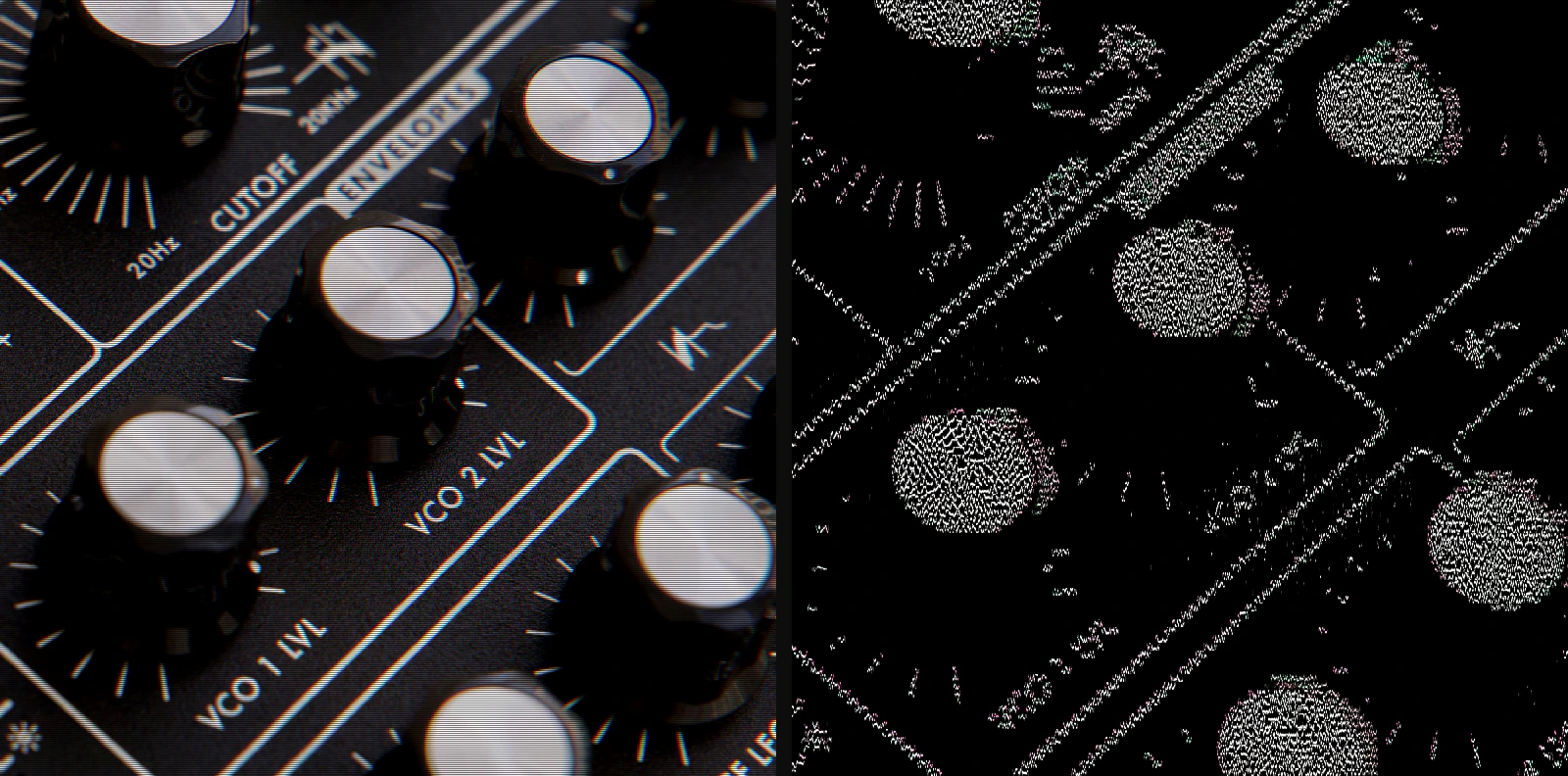 Grid of 2 renders of the same synth knobs photograph, one per algorithm: CRT phosphor, CRT modulation