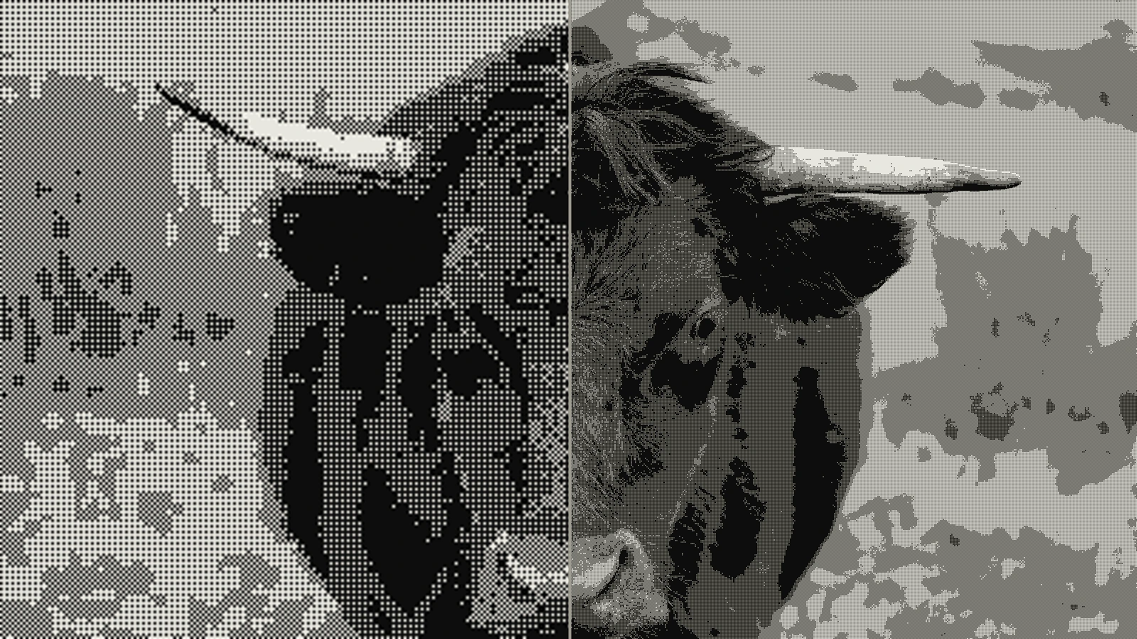 Bull photograph in Bayer ordered dithering: the left half dithered small and upscaled into grey mud, the right half dithered at full size with crisp dots