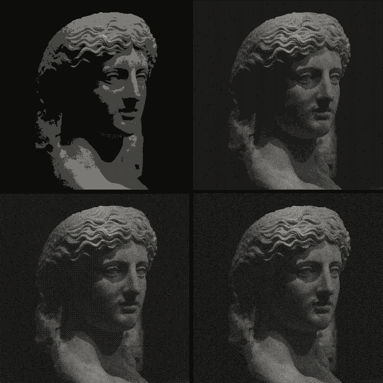 Grid of 4 crops of the same greek statue photograph in Bayer ordered dithering, matrix stepping 2x2 matrix, 4x4 matrix, 8x8 matrix, blue noise matrix