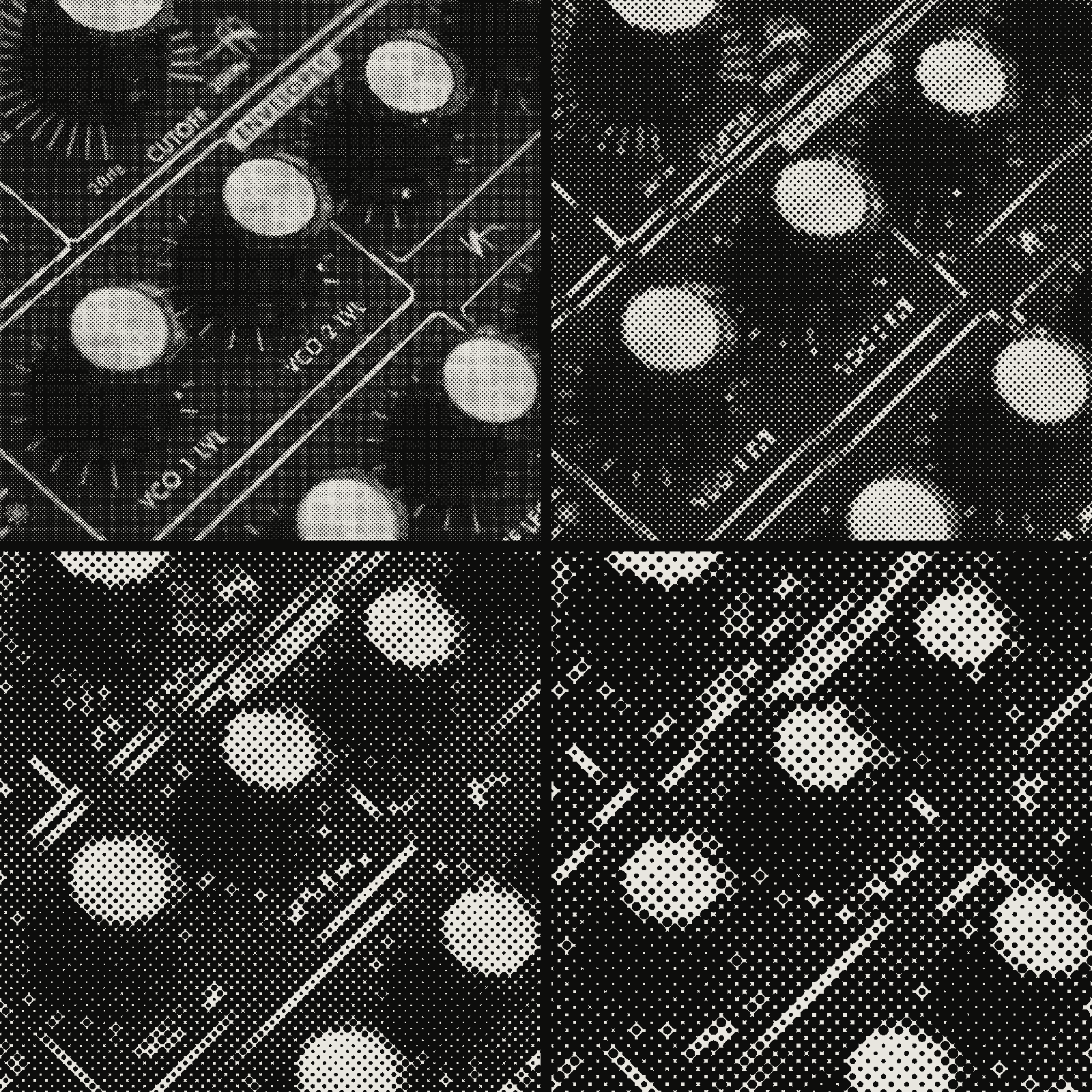Grid of 4 crops of the same synth knobs photograph in halftone, cell stepping cell 4px, cell 8px, cell 12px, cell 16px