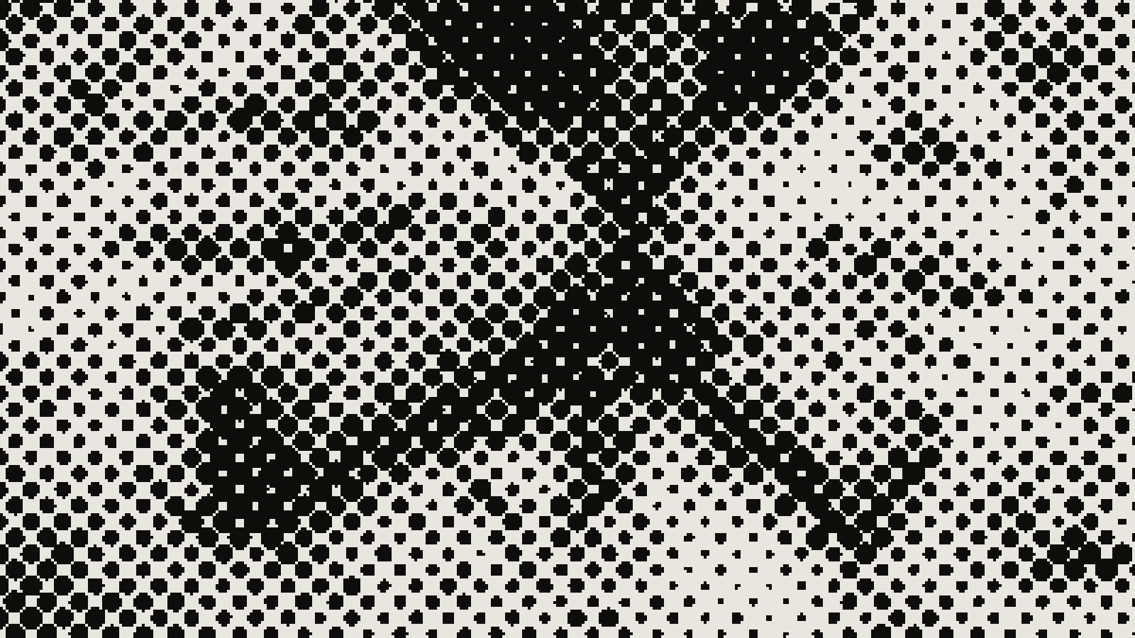 Close-up of a snow leopard photograph in halftone at cell 8px, angle 0°, shape circle, enlarged 4x without smoothing so each dot is visible