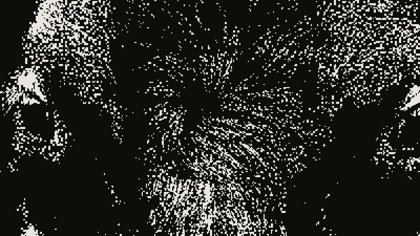 Close-up of a bull photograph in mezzotint at grain 2px, threshold 0.50, enlarged 4x without smoothing so each dot is visible