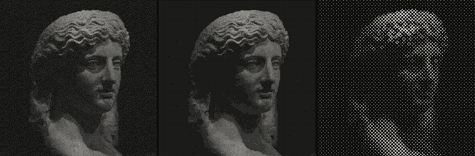 Grid of 3 renders of the same greek statue photograph, one per algorithm: blue-noise dithering, Bayer ordered dithering, halftone