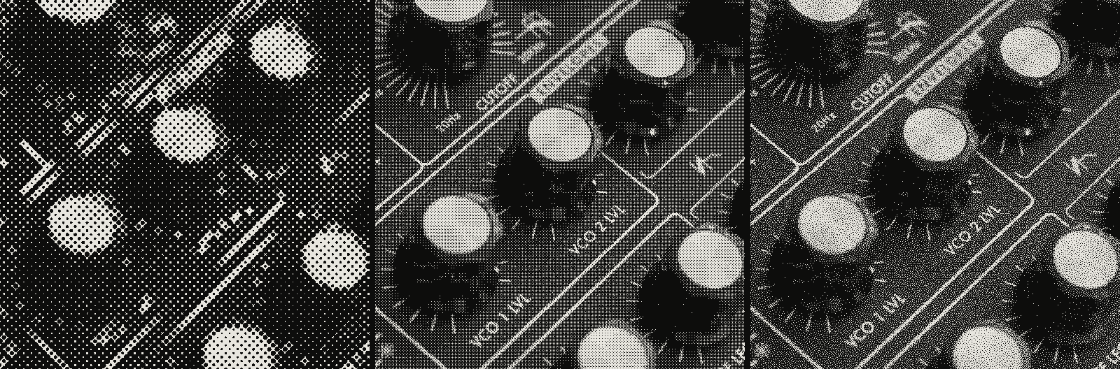Grid of 3 renders of the same synth knobs photograph, one per algorithm: halftone, Bayer ordered dithering, blue-noise dithering