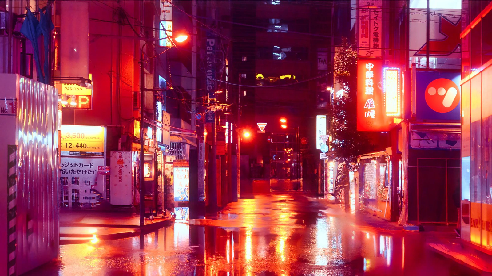 The neon street source photograph before any effect, same crop as the VHS tape render that follows
