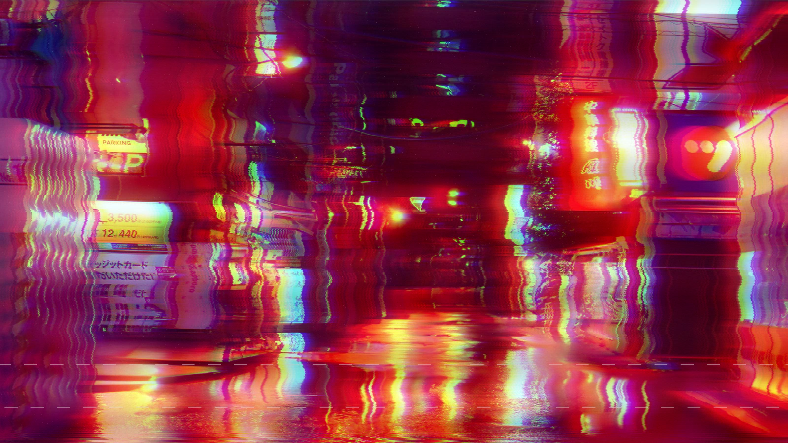 The same neon street photograph rendered in VHS tape at chroma bleed 8px, tracking 0.5
