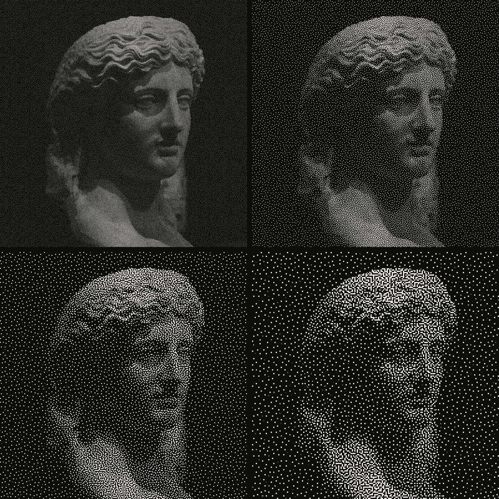 Grid of 4 crops of the same greek statue photograph in blue-noise dithering, pixel stepping 1px, 2px, 3px, 4px