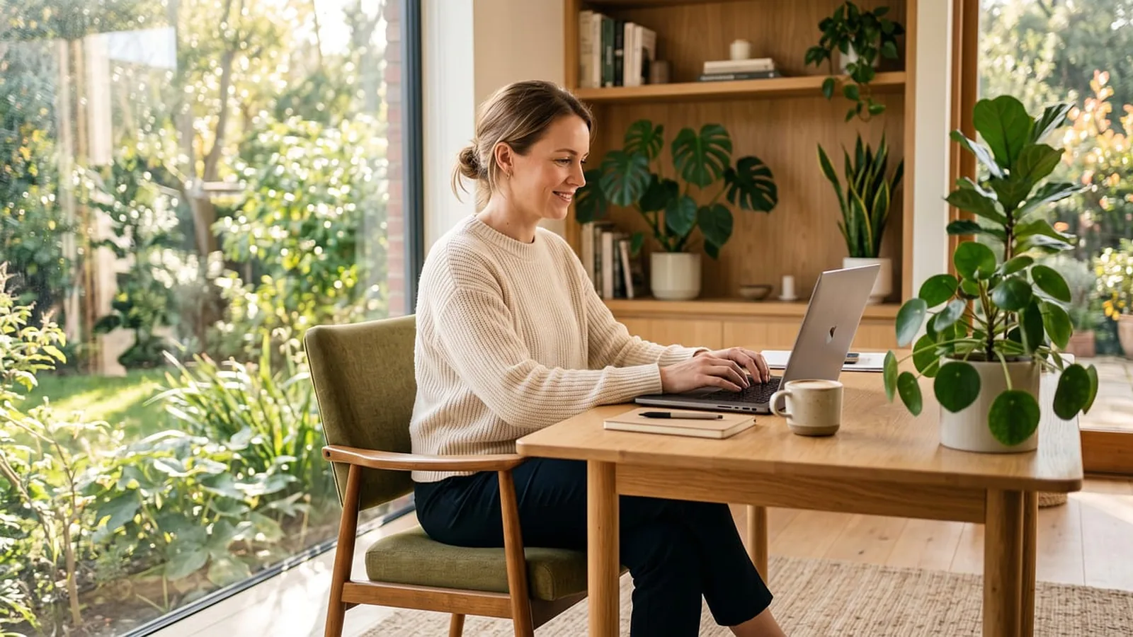 Woman smiling at a laptop at a wooden desk in a bright home office with plants and a garden view