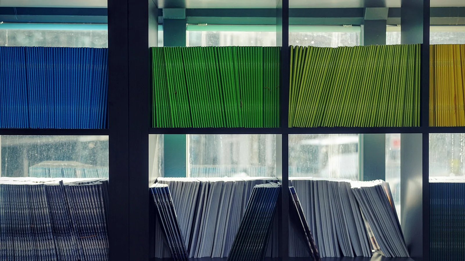 Rows of blue, green and yellow folders on dark shelves by a window, an organised filing system for records