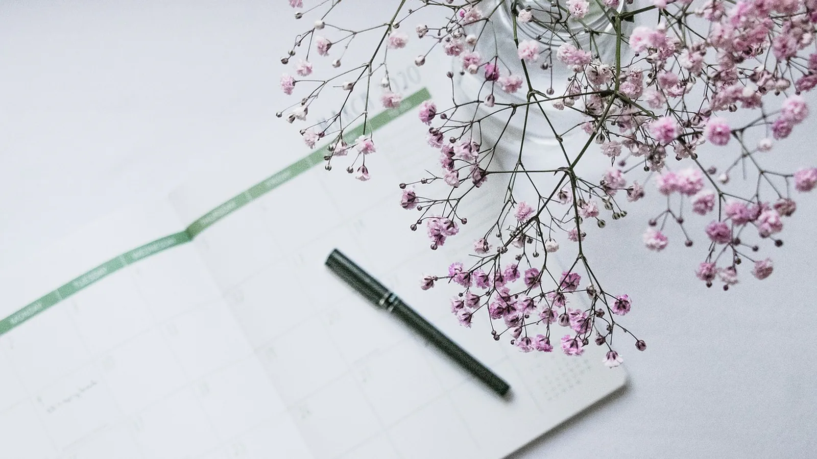 Open paper planner with a pen beside a vase of small pink flowers, tied to keeping day count records