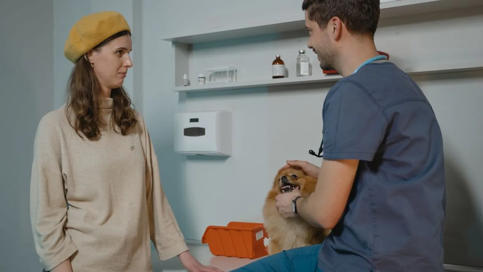 A woman in a yellow beret talks with a vet in scrubs while the vet gently holds a Pomeranian on an exam table.